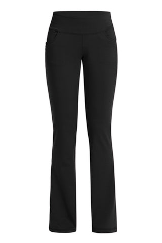 Stylish black flared yoga pants with a high-waisted design and practical pockets.