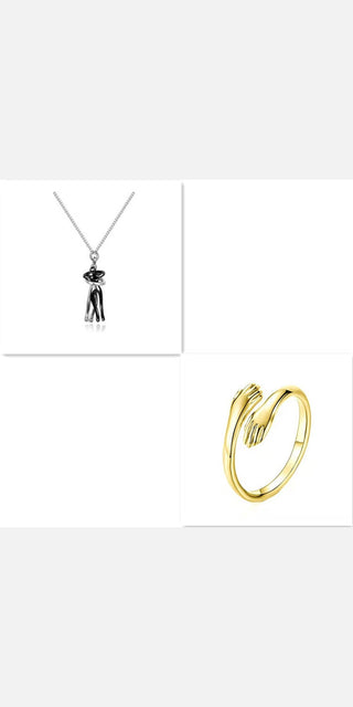 Elegant sterling silver necklace with abstract figurine charm, complemented by a chic gold-tone open ring - trendy unisex jewelry from K-AROLE's collection, perfect for special occasions.