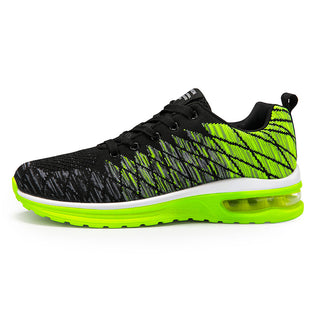 Stylish men's knitted sneakers with a black and neon green color scheme. The shoes feature a breathable mesh upper and a sleek, cushioned sole designed for comfortable and supportive wear. The vibrant neon accents add a sporty, fashionable touch to these versatile, casual running shoes.