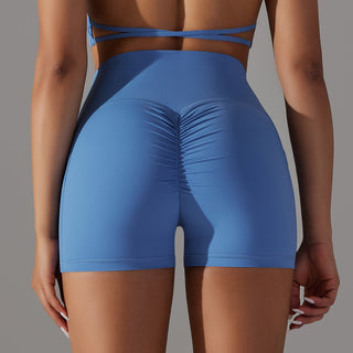 Attractive blue fitness shorts with phone pocket design for active women's lifestyle clothing