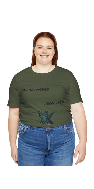 Smiling woman in olive green t-shirt with "Strong Women Strong Style" text graphic.