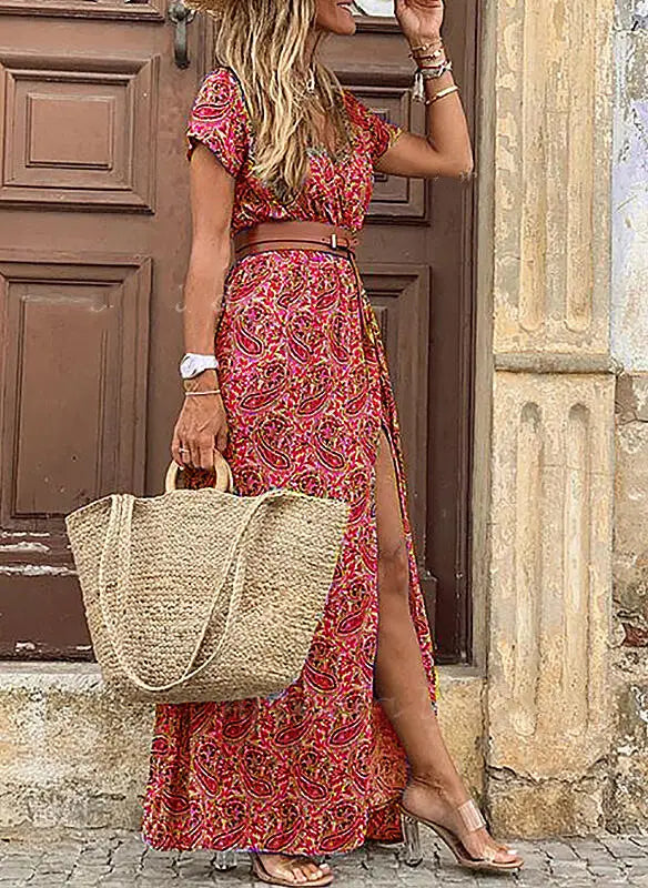 Bohemian Style Waist Trimming Maxi Dress