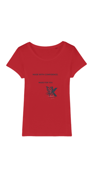 Organic red women's t-shirt with animal graphic and motivational text on green background.
