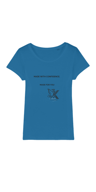Blue organic jersey women's t-shirt with text graphic on front