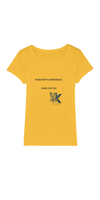 Yellow organic jersey women's t-shirt with graphic design and text "Made with confidence"