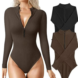Stylish long-sleeved ribbed bodysuit available in black and brown colors, designed to create a flattering, seamless silhouette.