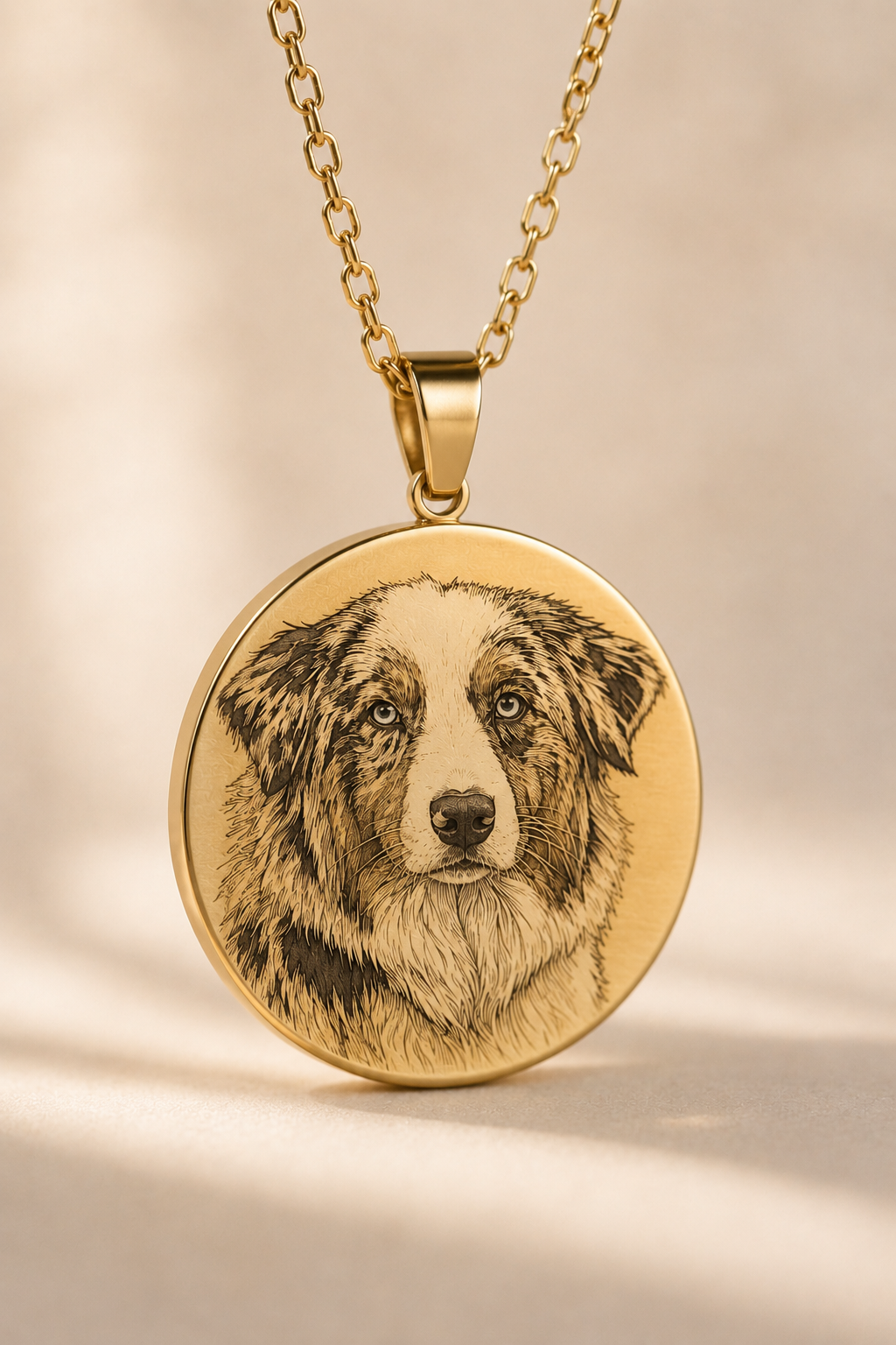Collier Portrait Gravé K-AROLE finition Argent - portrait de chien Berger Australien mérle gravé