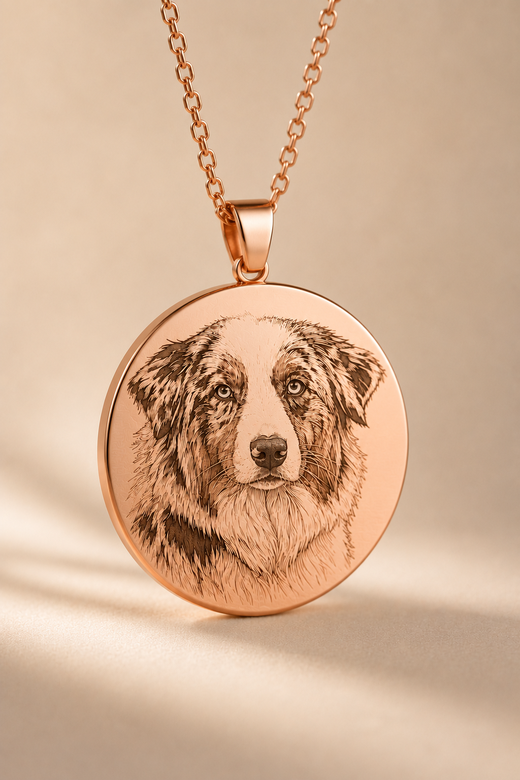 Collier Portrait Gravé K-AROLE finition Or Rosé - portrait de chien Berger Australien mérle gravé