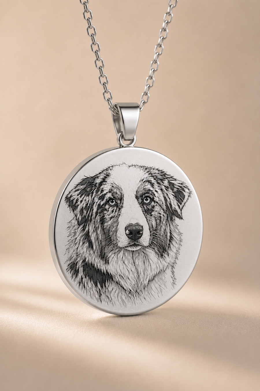 Collier Portrait Gravé K-AROLE finition Or - portrait de chien Berger Australien mérle gravé