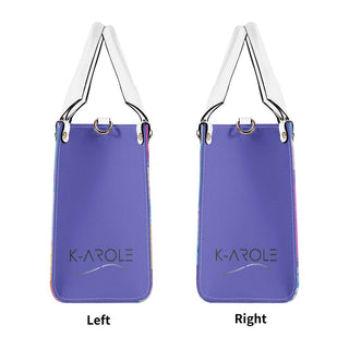 Stylish purple fabric handbag with K-AROLE branding, featuring sleek silver-tone hardware and versatile strap design.