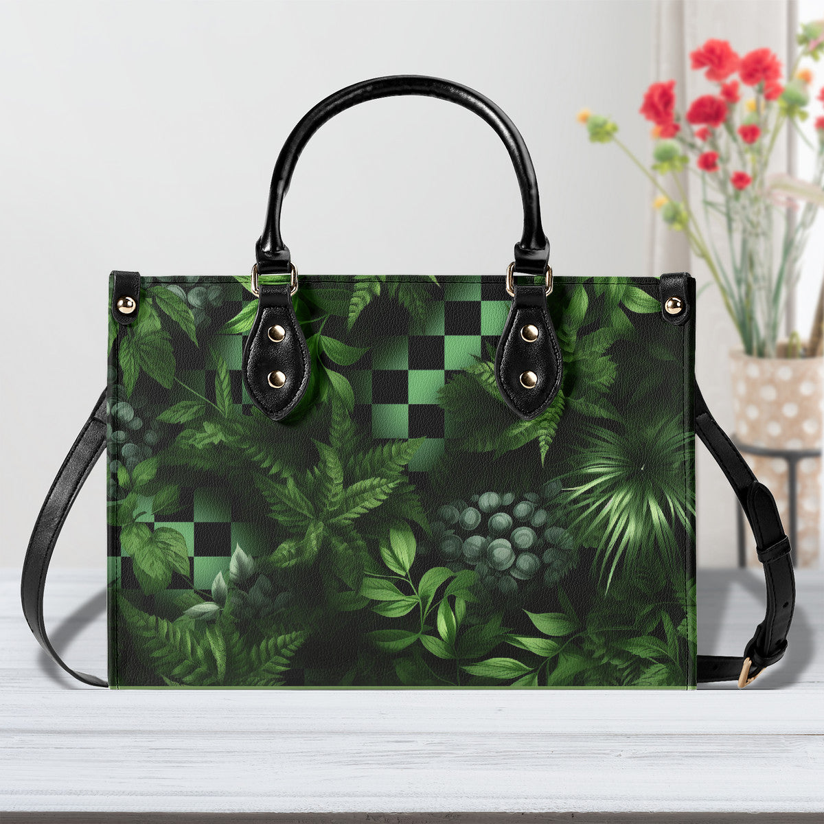KAROLE®️ Elegant Botanical Print Leather Handbag - L / Black