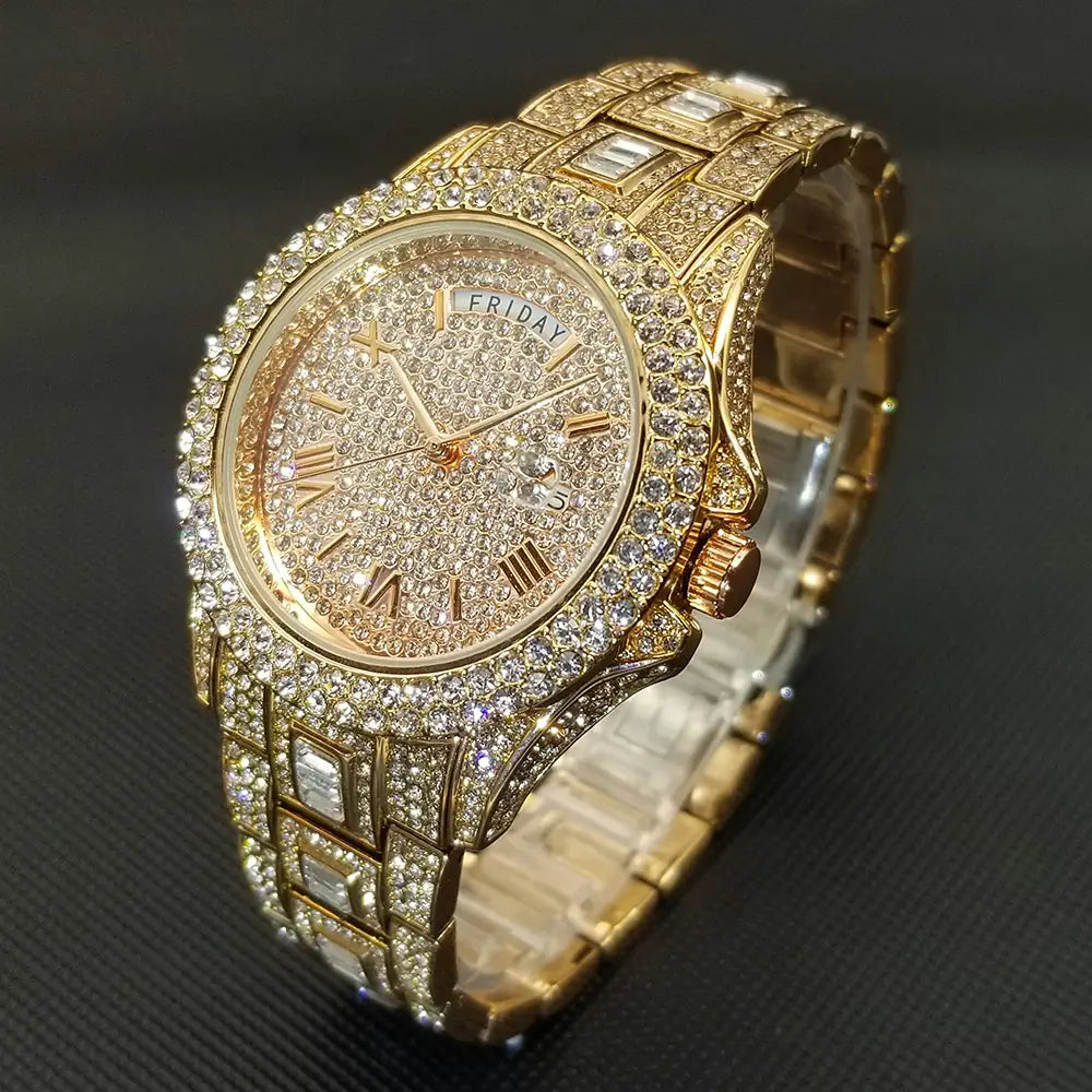 MISSFOX Iced Out Watch For Men Luxury Gold Full Diamond Mens