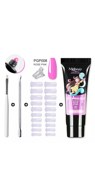 Comprehensive nail care essentials: Poly extension gel set, acrylic gel kit, clear camouflage color nail tips, and essential nail art tools for a professional, salon-quality manicure at home.