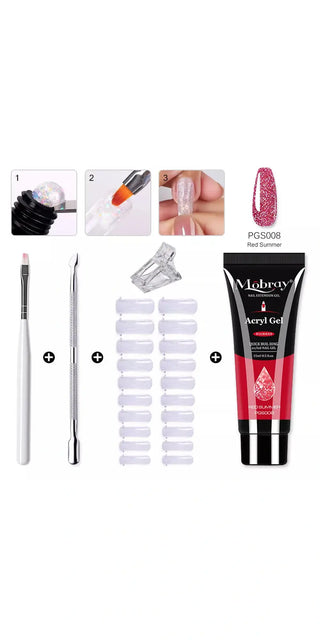 Sleek acrylic nail extension kit with gel tips, brushes, and tools for a salon-quality manicure at home. Professional nail art accessories to elevate your style.