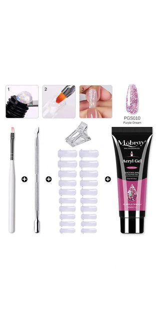 Comprehensive nail art supplies: polymer gel kit with clear and camouflage colors, nail tips, acrylic slices, brushes, and tools for a professional manicure experience.