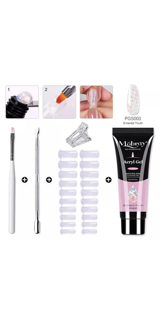 Gel nail art tools: Acrylic nail gel kit, crystal slice brush, and nail tip forms for a salon-quality manicure at home.