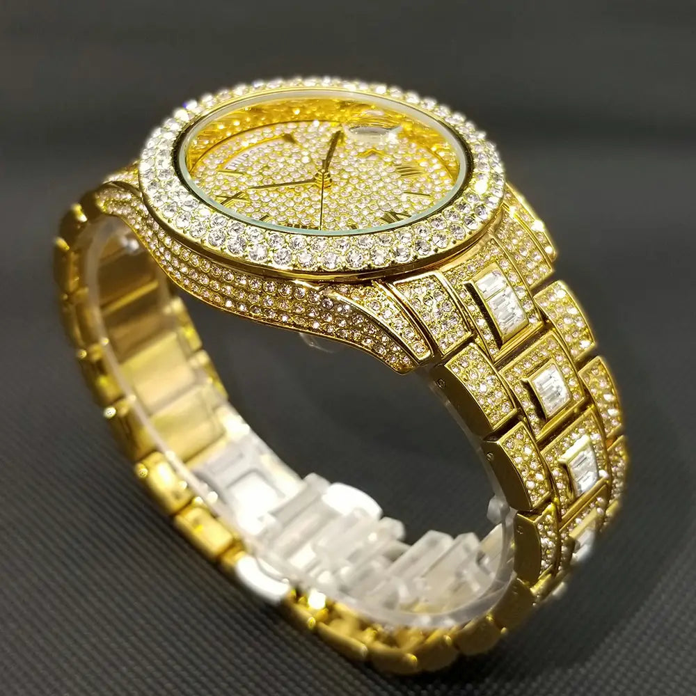 MISSFOX Iced Out Watch For Men Luxury Gold Full Diamond Mens