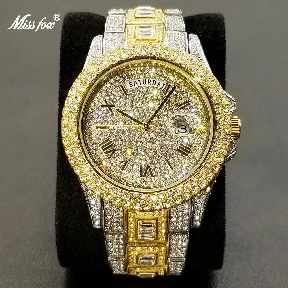 MISSFOX Iced Out Watch For Men Luxury Gold Full Diamond Mens