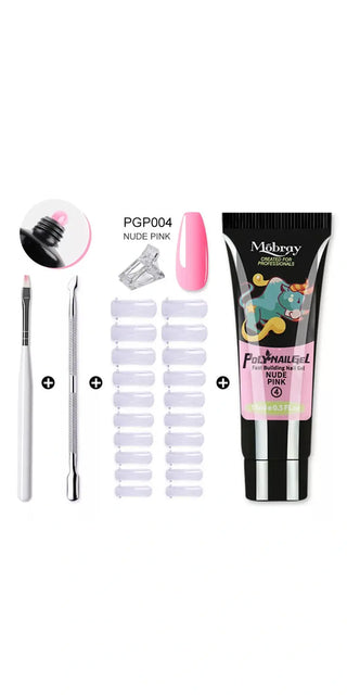 Trendy acrylic gel manicure kit featuring colored nail tips, nail forms, and brushes for a professional-looking nail art experience from K-AROLE.