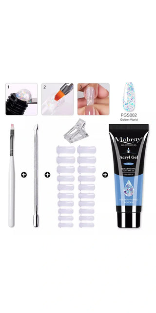 Variety of professional nail art tools and supplies, including gel tips, brush, and acrylic gel kit from K-AROLE. Comprehensive set for creating stylish and durable manicures.