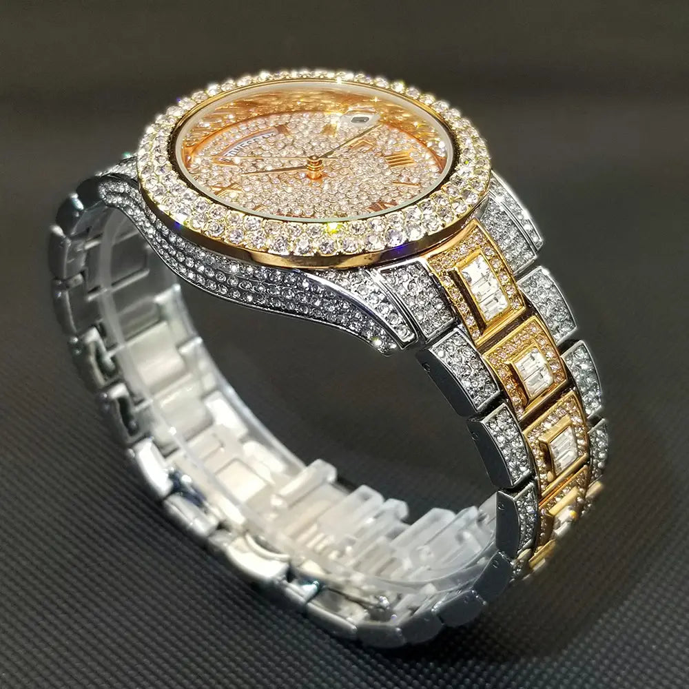 MISSFOX Iced Out Watch For Men Luxury Gold Full Diamond Mens