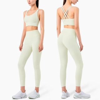 Vibrant white fitness leggings and matching cropped top from K-AROLE™️ - a stylish, comfortable workout set for the active woman.
