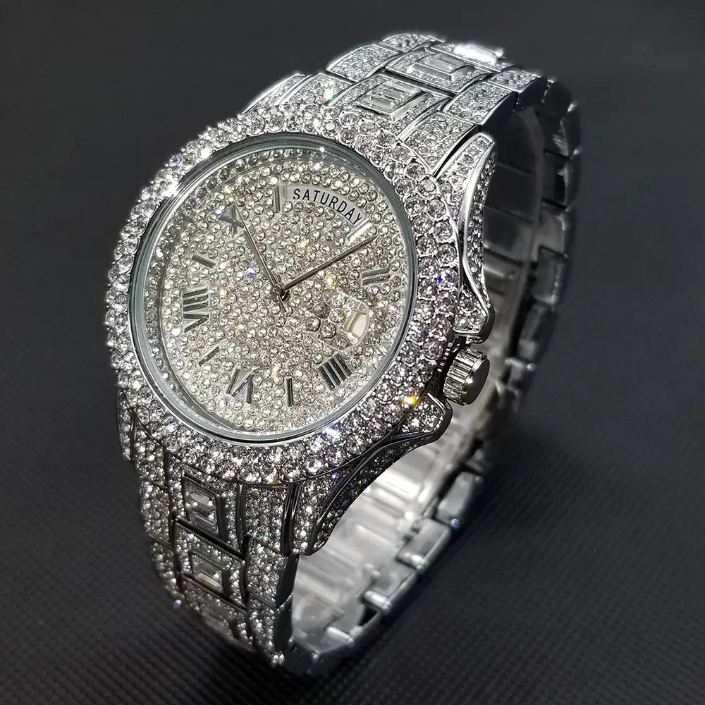 MISSFOX Iced Out Watch For Men Luxury Gold Full Diamond Mens