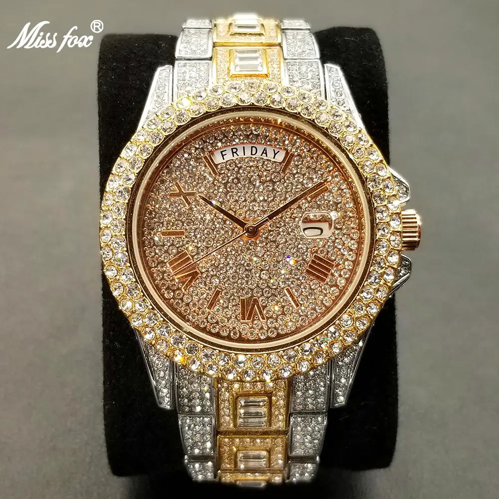 MISSFOX Iced Out Watch For Men Luxury Gold Full Diamond Mens