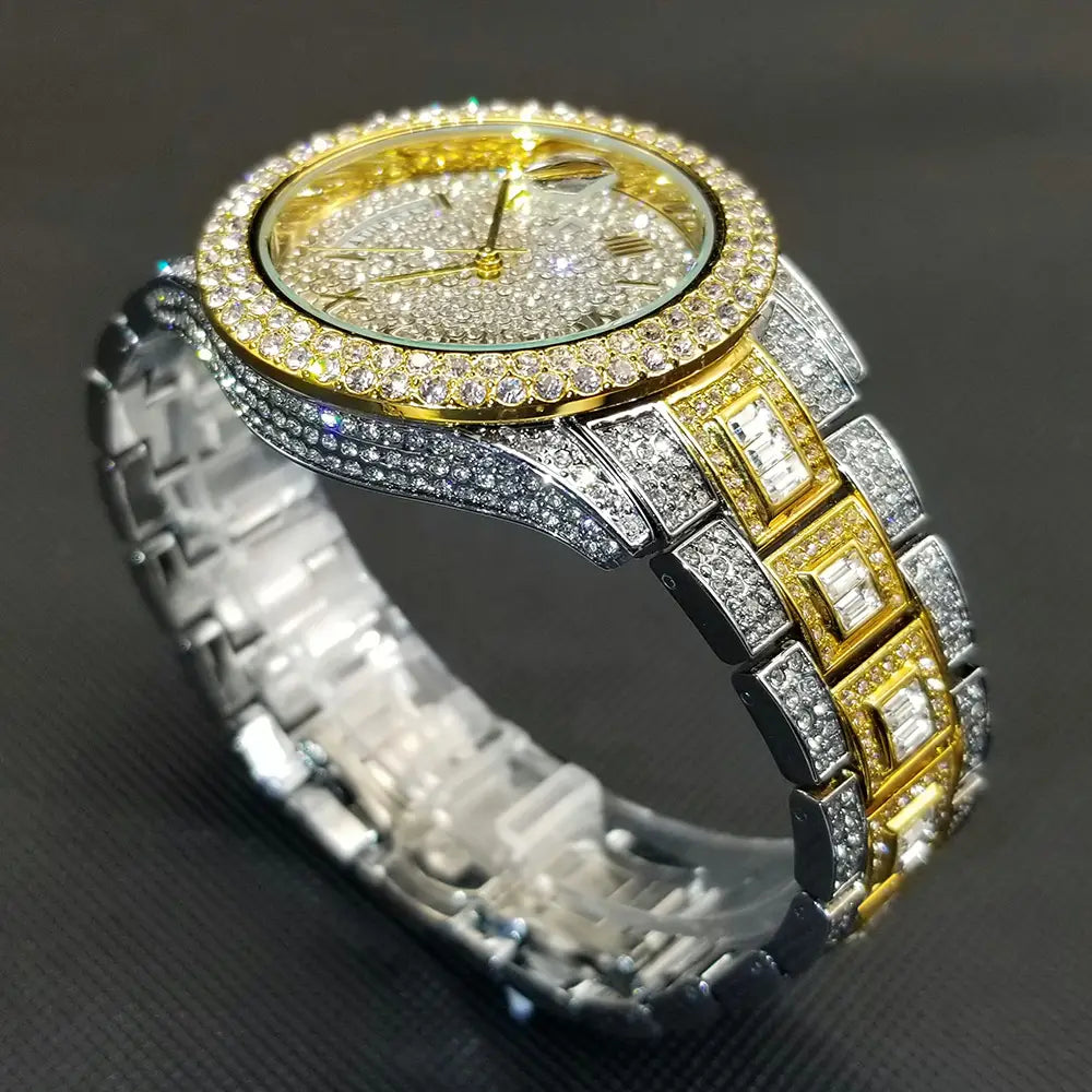 MISSFOX Iced Out Watch For Men Luxury Gold Full Diamond Mens