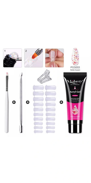 Assorted acrylic nail art tools - gel applicator brushes, nail forms, and a tube of acrylic gel in a vibrant pink color, showcased in a clean, organized product display.