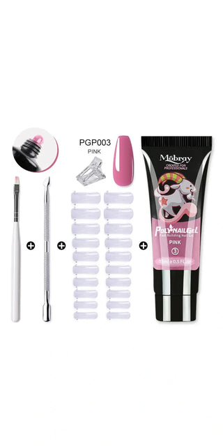 Sleek acrylic nail tool set with gel polish, brush, and forms in trendy pink tones for a polished manicure at home.