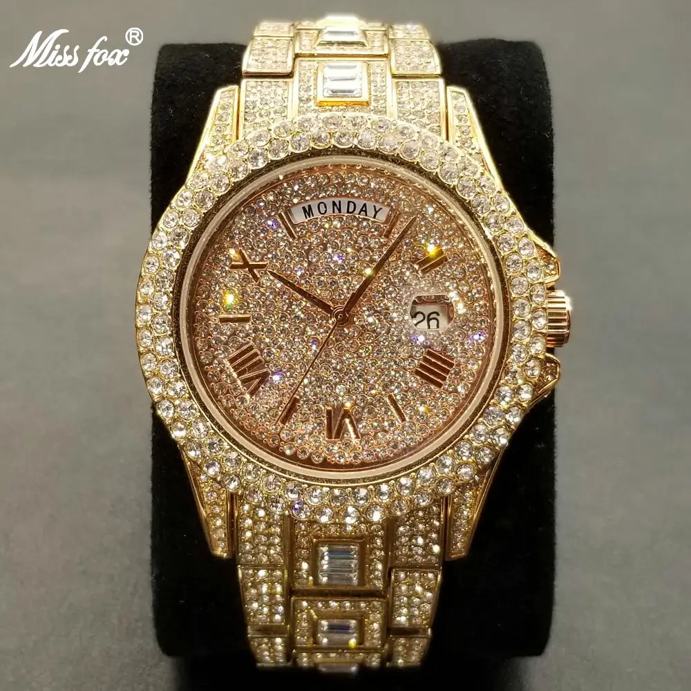 MISSFOX Iced Out Watch For Men Luxury Gold Full Diamond Mens