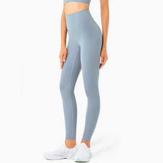 High-waisted, stretchy fitness leggings in a vibrant gray shade, showcasing a sleek, modern design well-suited for active lifestyles. The K-AROLE branded workout pants feature a comfortable, figure-flattering silhouette that is perfect for yoga, running, or any other workout routine.