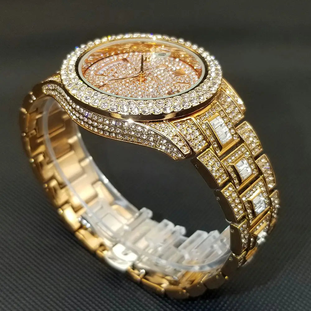 MISSFOX Iced Out Watch For Men Luxury Gold Full Diamond Mens