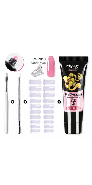 Assorted nail care essentials including acrylic gel kit, crystal UV gel, nail art tools, and brush for a polished manicure experience.