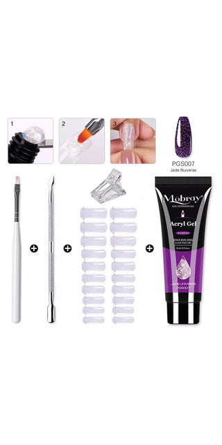 Stylish nail art tools: acrylic gel kit, crystal UV gel, nail forms, and brush for fashionable manicures. Elevate your beauty routine with this comprehensive set from K-AROLE.