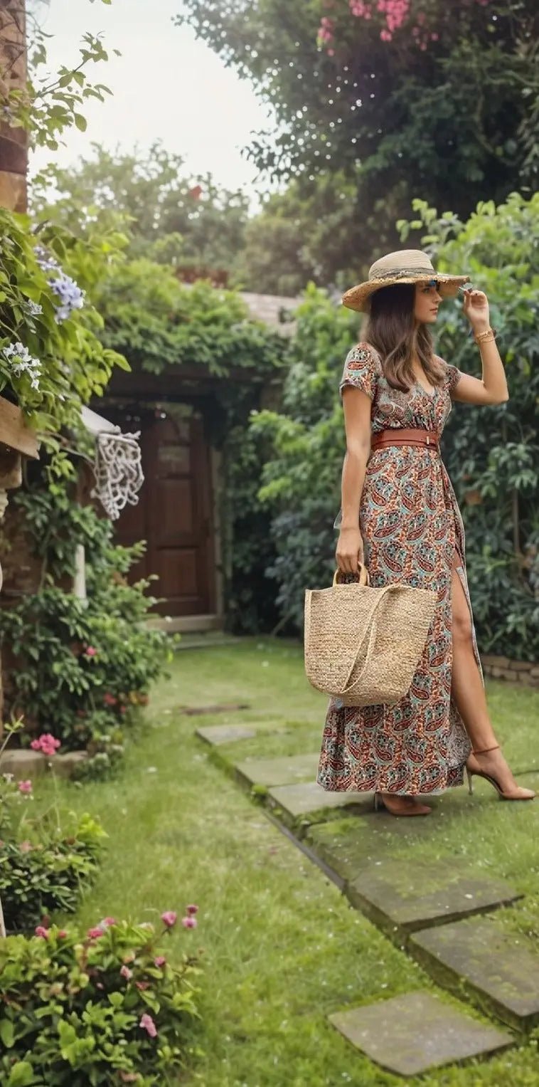 KAROLE®️ Bohemian-Inspired Maxi Dress with Waist Trim and Garden Charm