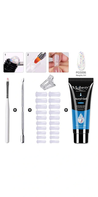 Poly extension gel set with 5/2PCS acrylic gel kit, clear and camouflage color nail tips, UV gel slice brush, and nail art tools at K-AROLE store.
