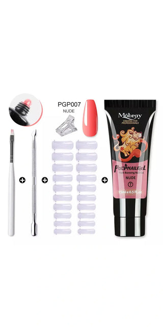 Stylish nail art kit with acrylic gel, nail tips, and brush for a professional manicure at home. Includes essential tools for creating trendy nail designs.