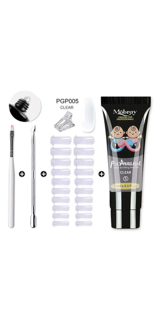 Acrylic nail extension kit with clear gel, nail tips, and brush for professional-looking nails at home. Essential manicure accessories for creating customized nail designs.