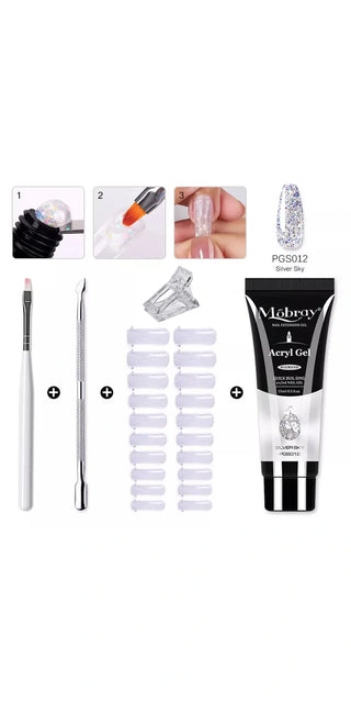 Gel nail art tools set featuring acrylic gel, nail forms, brush, and applicator at K-AROLE's store. Essential accessories for professional manicures and pedicures.