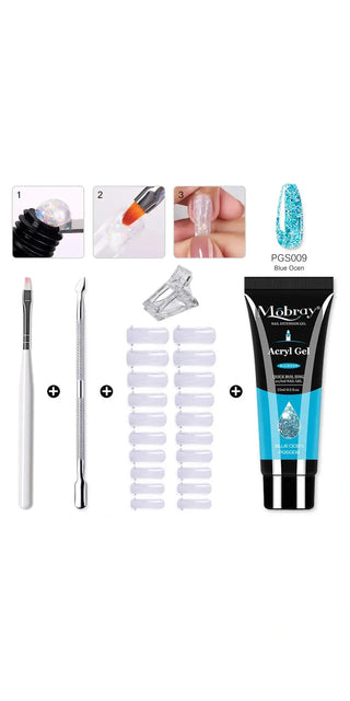 Poly Extention Gel Set 5/2PCS Acrylic nail kit with clear camouflage color, nail tips, UV gel, and brushes for professional nail art.