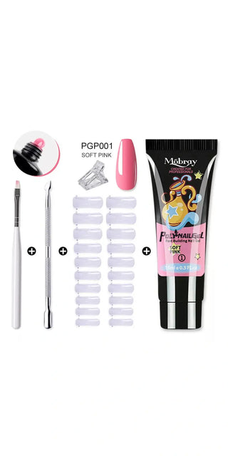 Acrylic nail gel set with essential tools for a professional manicure at home. Includes clear camouflage gel, brush, nail tips, and other accessories for a complete nail care experience.