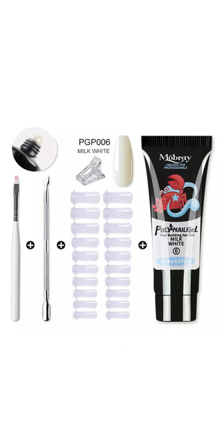 Acrylic gel nail kit with clear camouflage polish, nail tips, and brush for professional nail art tools from K-AROLE.