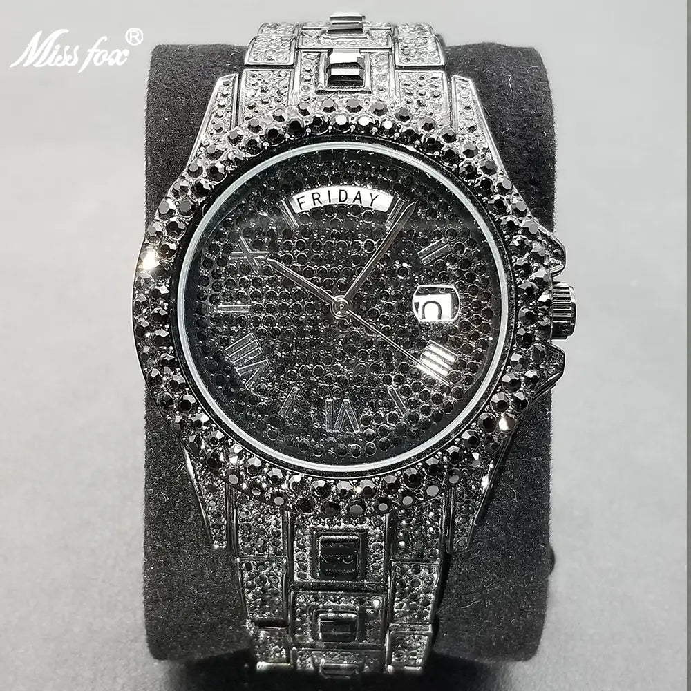 MISSFOX Iced Out Watch For Men Luxury Gold Full Diamond Mens