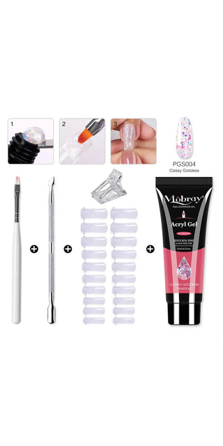 Assortment of acrylic gel nail tools and accessories: nail tip forms, crystal UV gel, nail art brushes, and gel polish for salon-quality manicures at home.