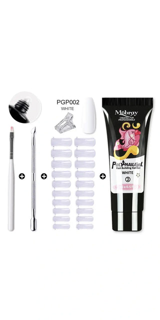Nail care essentials: Acrylic gel kit, nail extension forms, crystal UV gel, and professional nail brush for at-home salon-quality manicures.