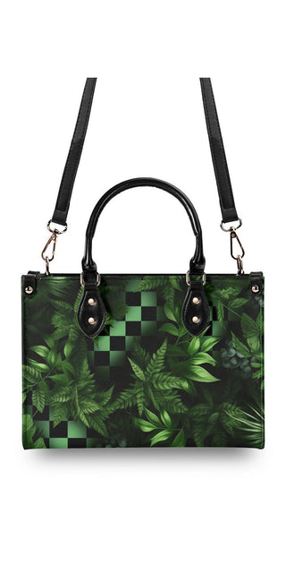 Stylish Green Floral Patterned Handbag: Elegant PU leather tote with unique artistic design, featuring lush tropical foliage and checkered motif. Versatile accessory for modern women's fashion.