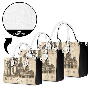Stylish PU leather tote bags with scenic city print, featuring elegant handles and a spacious interior for modern women's athleisure outfits