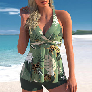Tropical leaf print swimsuit on woman at beach
